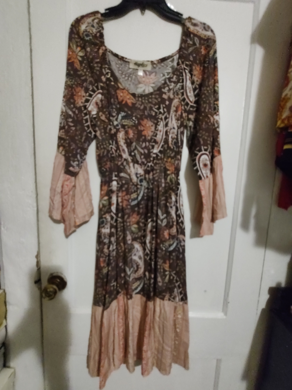 Bohemian Floral Paisley Long Sleeve Midi Dress in Brown and Blush